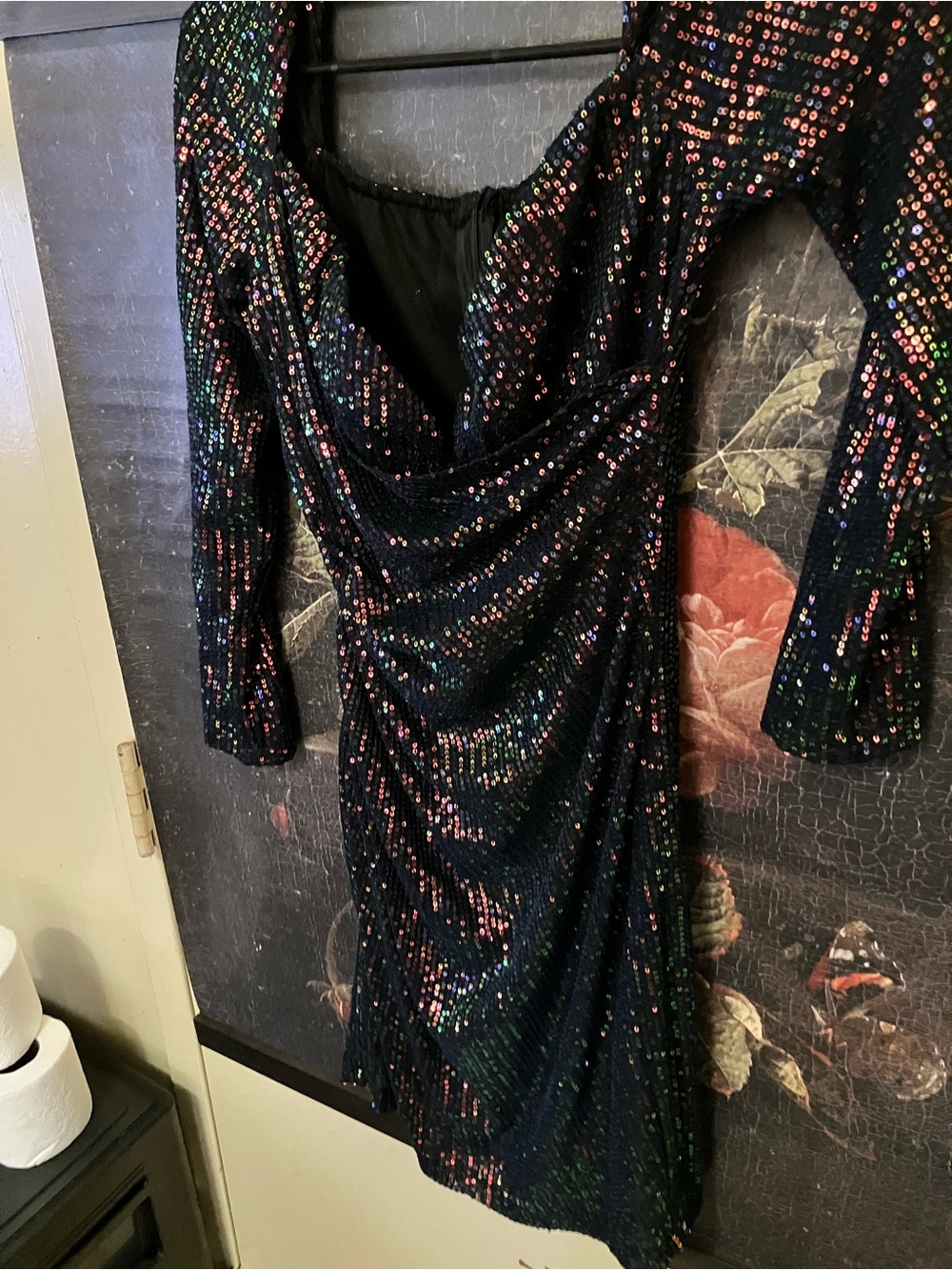 Black Multicolor Sequin Long-Sleeve Draped Evening Dress